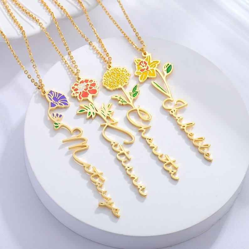 Personalized Birth Name Floral Necklace - Personalized Necklace - Ornaments Co - Ornaments Co - 18K Gold Plated - 18 Inches - 