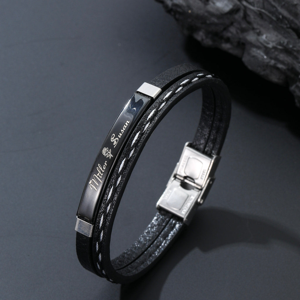 Personalized Engraved Leather Name Bracelet for Men - Ornaments Co - 18K Gold Plated