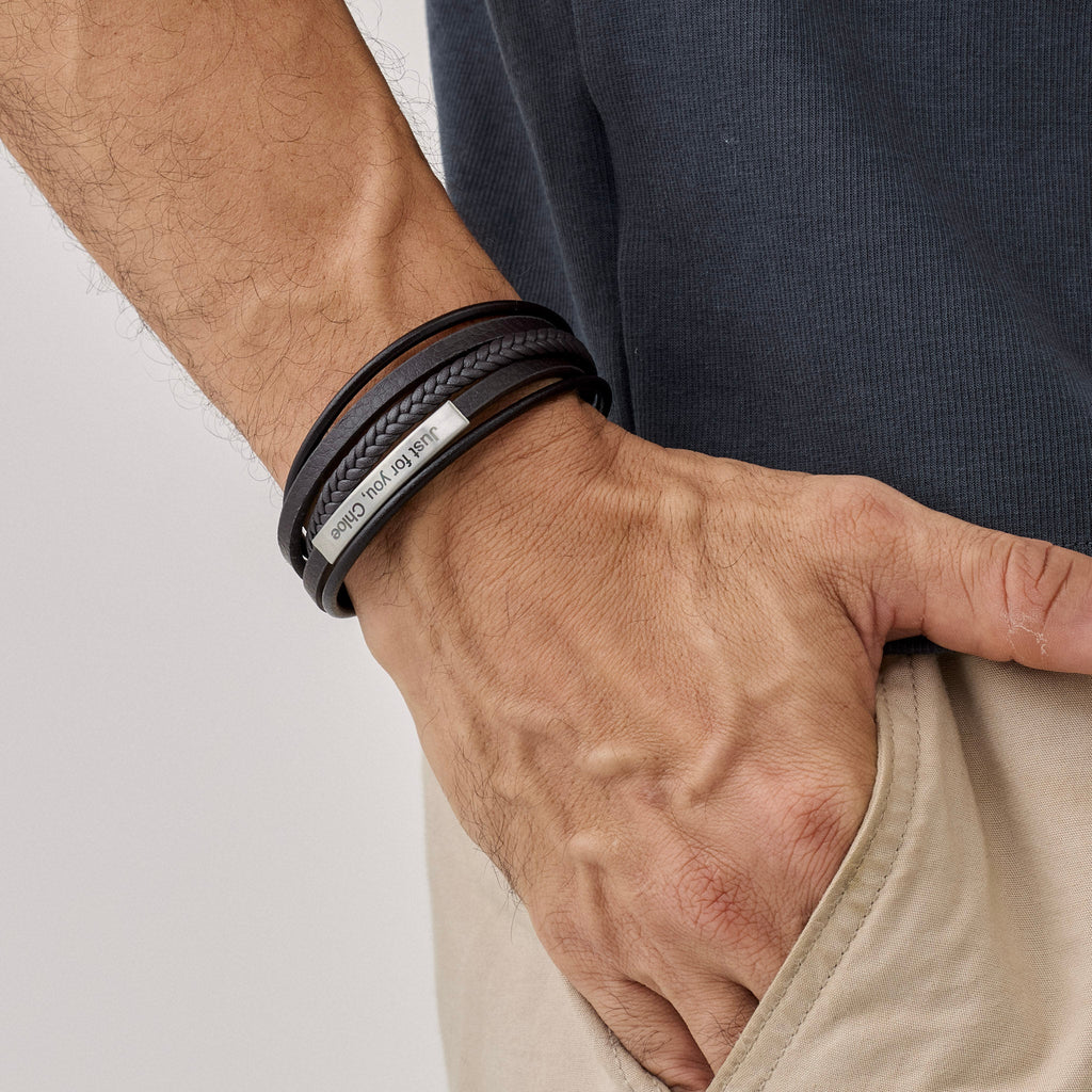 Personalized Engraved Men's Black Braided Leather Bracelet - Ornaments Co - 7.5 inches